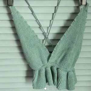 Glittery sparkle mint green teal sweater knit open lace up back tank top zara